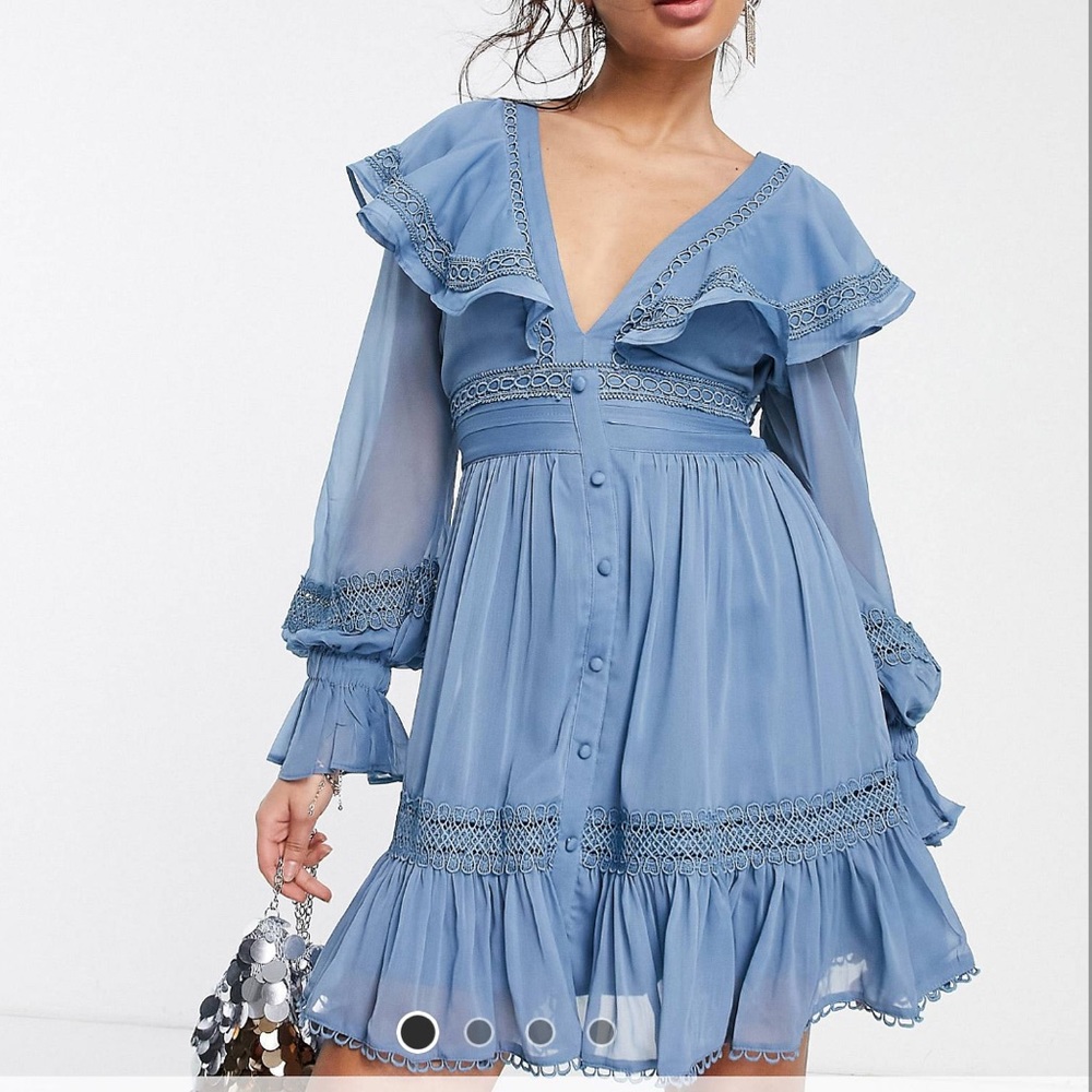 ASOS Petite - lace dress with ruffle details and buttons in dusty blue